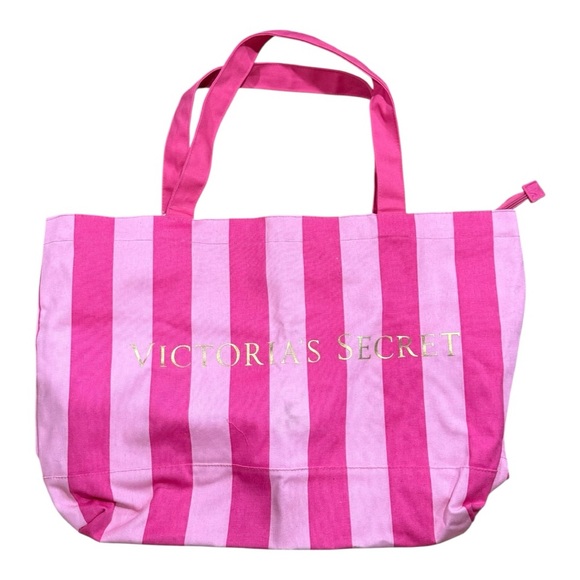 Victorias Secret X-Large Pink Stripes Zippered Canvas Tote Shoulder Bag NWT - Picture 1 of 11
